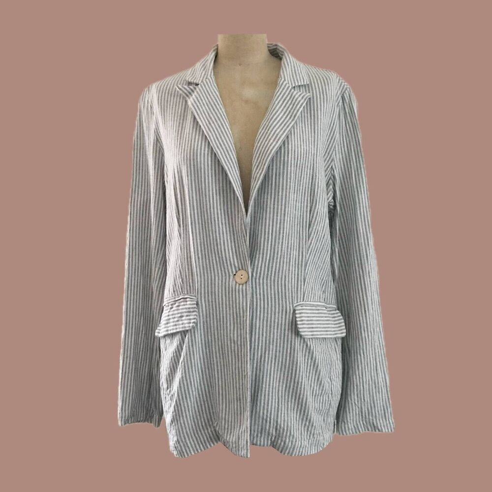 Blue White Stripe Linen Blazer Jacket Womens Small Preppy Coastal Casual